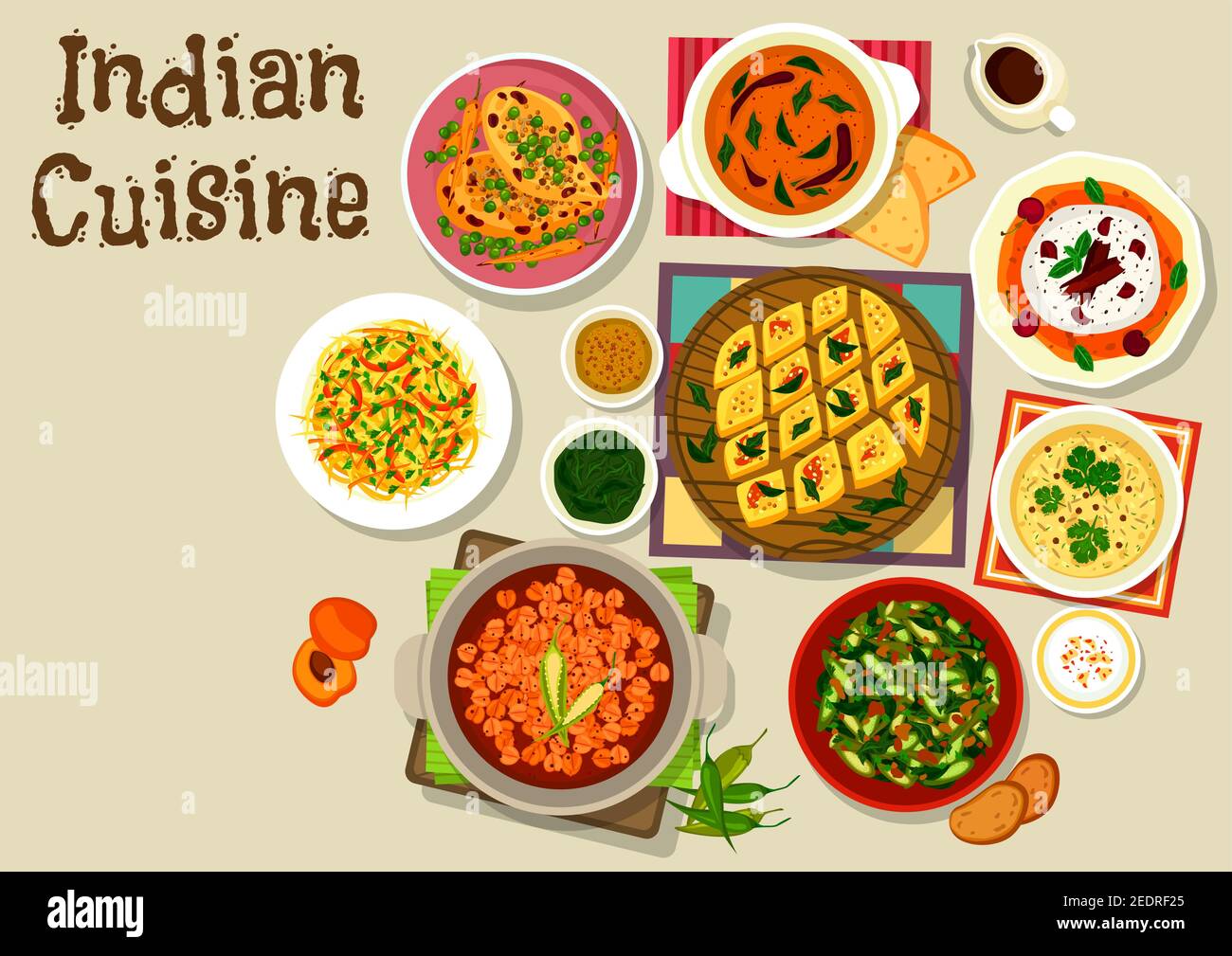 Cuisine indienne menu du dîner avec curry de poulet aux légumes, curry de pois chiches, sauce tomate aux lentilles, curry d'ocra, salade de poivre de chou, lentilles de maïs Illustration de Vecteur