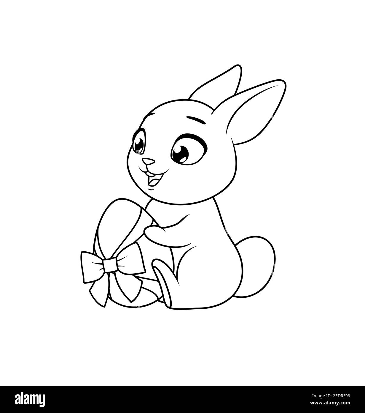 Joli lapin contenant un œuf de Pâques. Page de coloriage de vecteur de dessin animé. Illustration de Vecteur