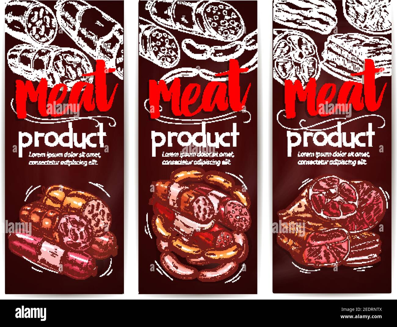 Banderoles de boucherie pour viandes et saucisses fines. Les bouchers vectoriels font la boutique de produits de bacon fumé et de salami ou de bouquet de kielbasa pepperoni, porc salé Illustration de Vecteur