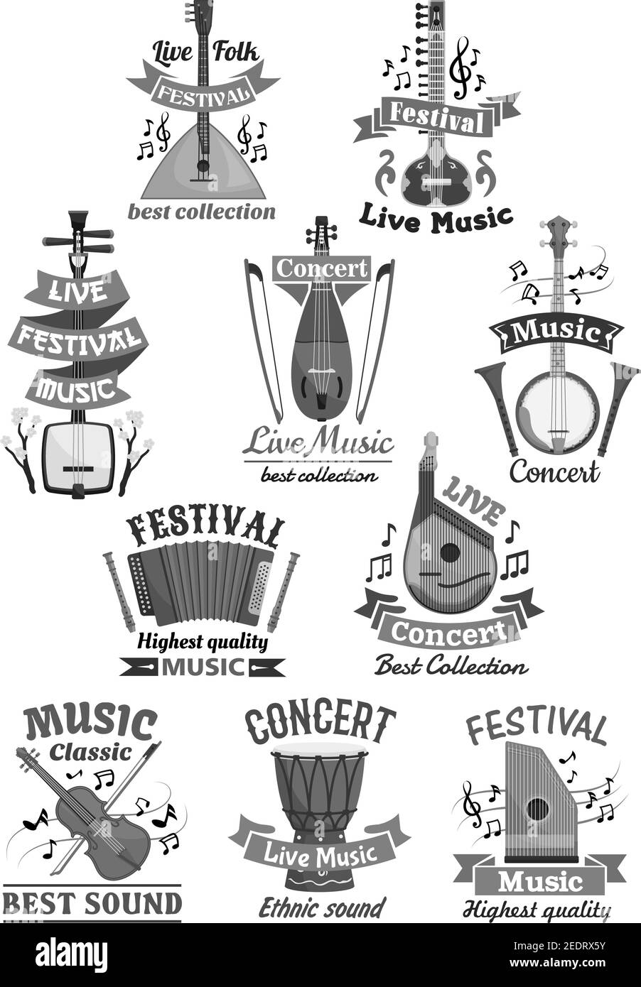 Des concerts ou des festivals de musique live. Instruments de musique vectoriels violon et balalaika, flûte et accordéon ou harmonique. Ensemble de luth ou de biwa et Illustration de Vecteur