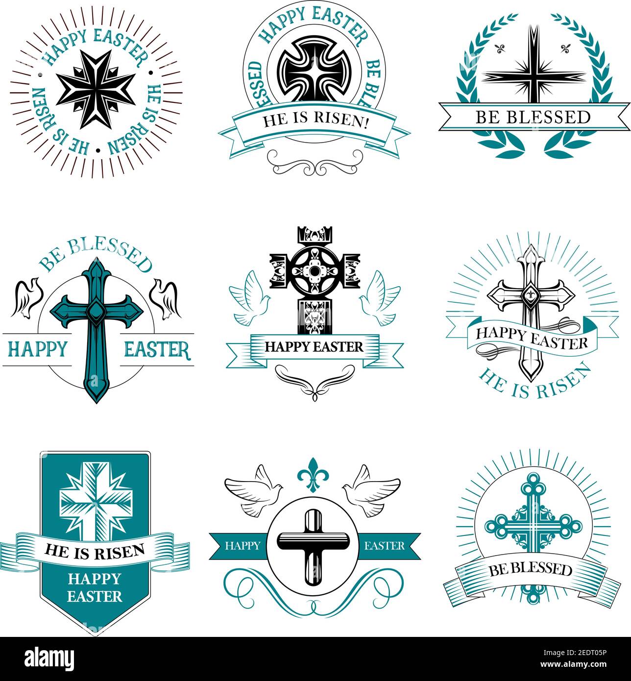 Pâques salutation Pascal icônes de crucifix croix et texte il est ressuscité, être béni avec des rubans de couronne et des colombes. Symboles vecteur joyeuses Pâques pour le Christ Illustration de Vecteur Pâques salutation Pascal icônes de crucifix croix et texte il est ressuscité, être béni avec des rubans de couronne et des colombes. Symboles vecteur joyeuses Pâques pour le Christ Illustration de Vecteur