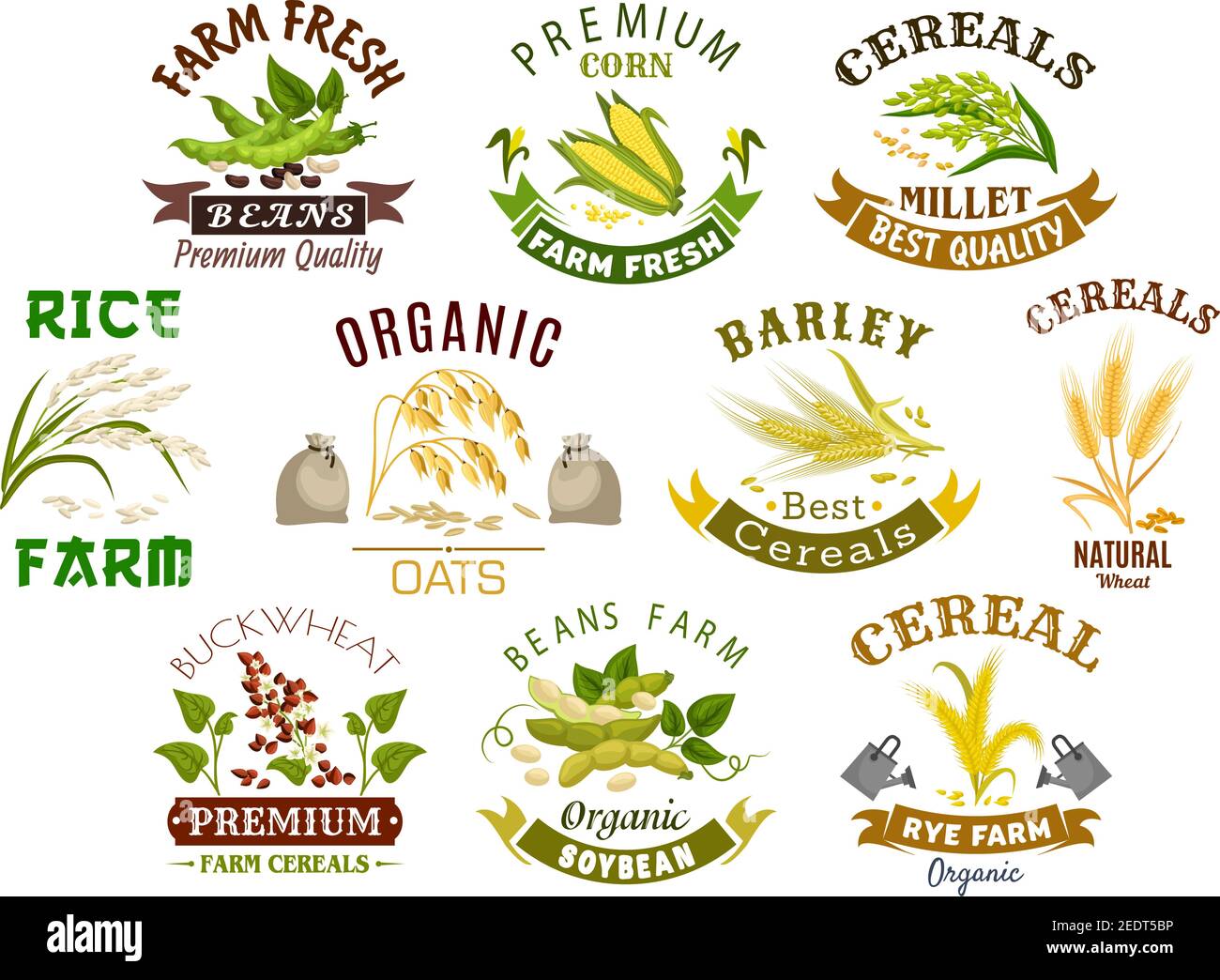 Icônes de produits céréaliers. Symboles vectoriels de sac de farine de blé, épis et grains de seigle, graines de sarrasin et millet d'avoine ou d'orge et feuilles de riz. Isolé agricul Illustration de Vecteur