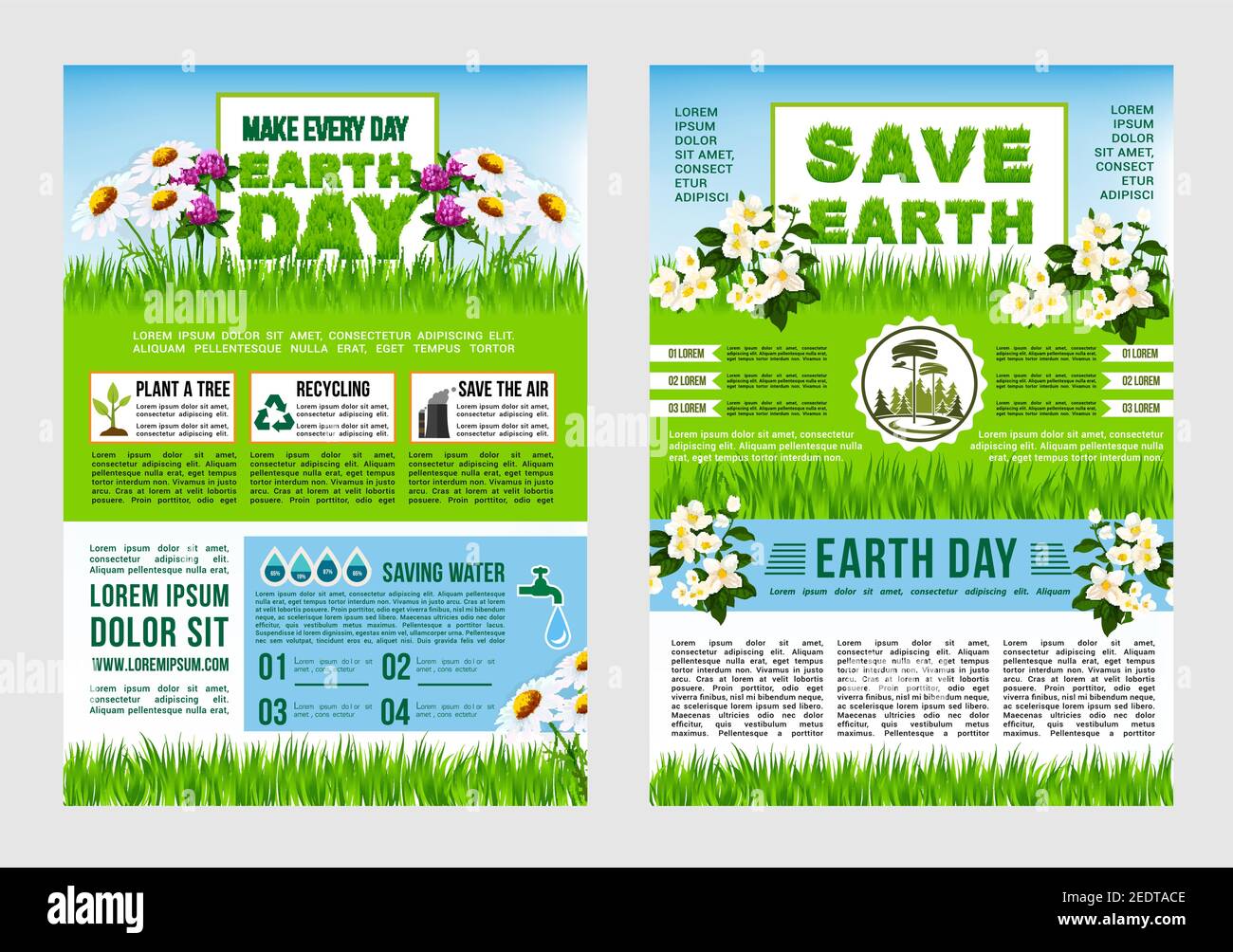 Modèle de poster d'information Earth Day, Save Planet. Conseils verts pour enregistrer la mise en page du texte de la terre avec recyclage, économie d'eau, plantation d'arbres et symboles de sauvegarde de l'air Illustration de Vecteur