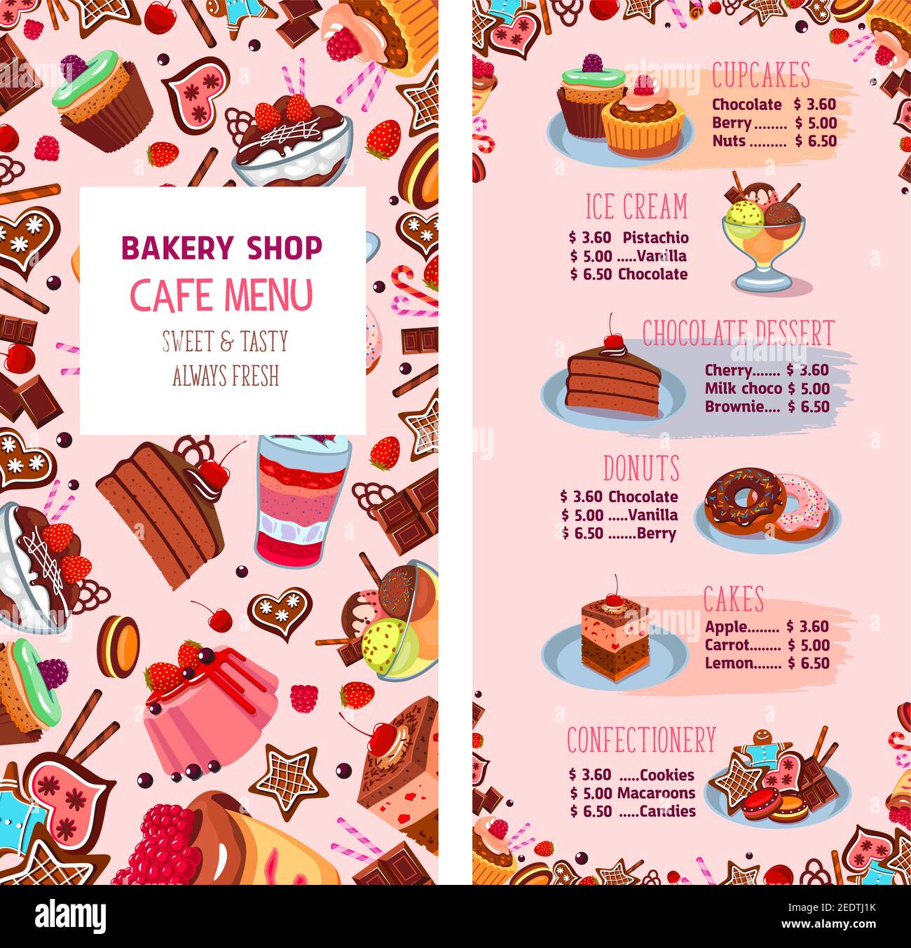 Modele De Menu De La Boulangerie Pour Les Desserts Liste Des Prix Du Cafe Pour Les Gateaux Les Tartes Et Les Petits Gateaux Ensemble De Patisseries Comprenant Des Tortes A Lait Des