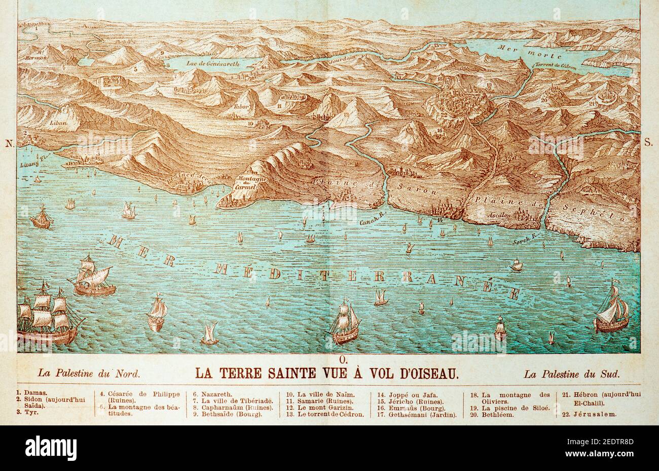 Carte historique de la Terre des Hols avec le nord et le sud de la Palestine et Jérusalem et d'autres villes, Histoire biblique de l'ancien Testament, Banque D'Images