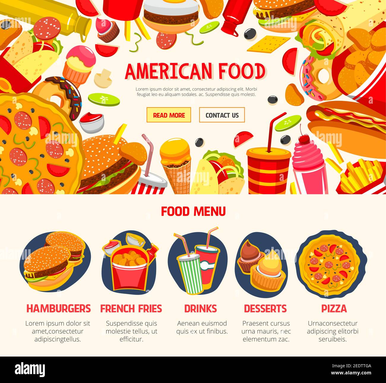 Modèle de bannière de restauration rapide. Menu de restauration rapide avec hamburger, hot dog, pizza, soda, beignet, frites, sandwich, cheeseburger, crème glacée et Illustration de Vecteur