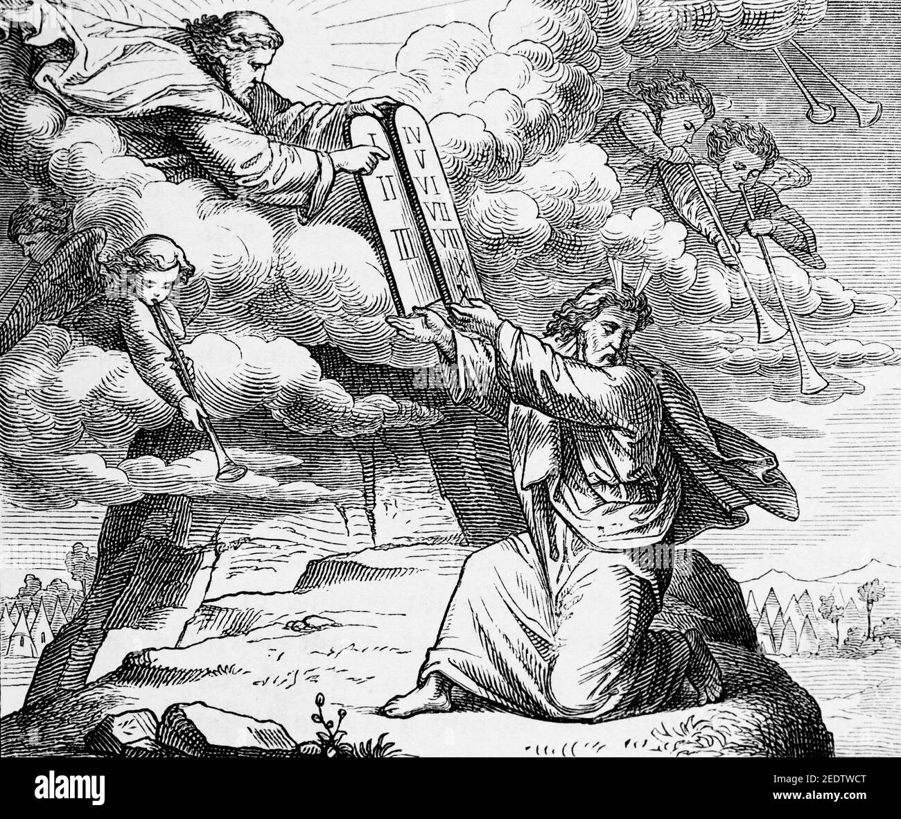 Dieu donne à Moïse les dix commandements à moïse au mont Sinaï, ancien Testament, bible historique biblique biblique de l’ancien Testament, Fribourg, 1891 Banque D'Images