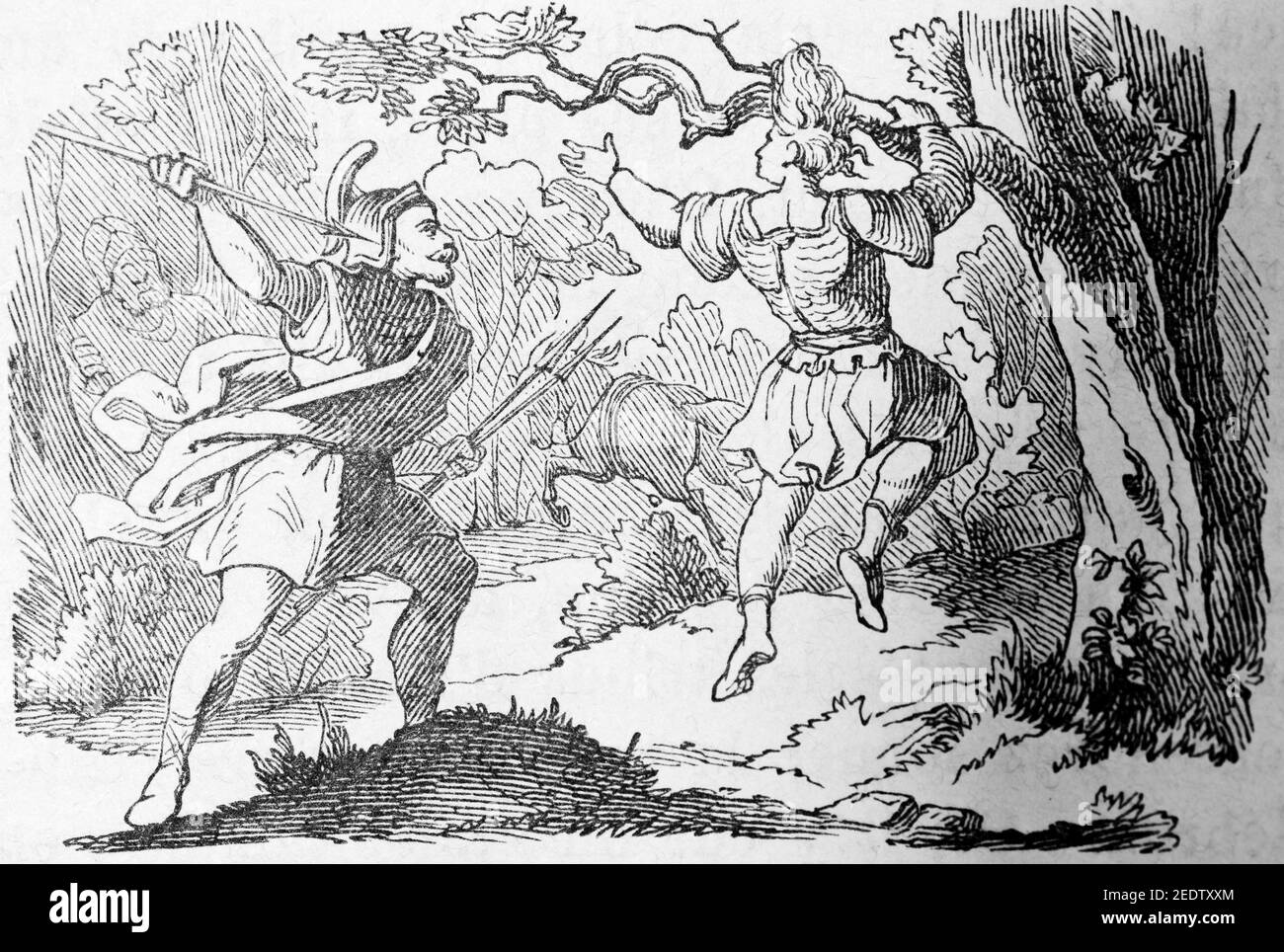 Rébellion et punition d'Absalon, sa mort dans le bois d'Éphraïm, ancien Témnet, Histoire biblique de l'ancien Testament, Fribourg, 1891 Banque D'Images