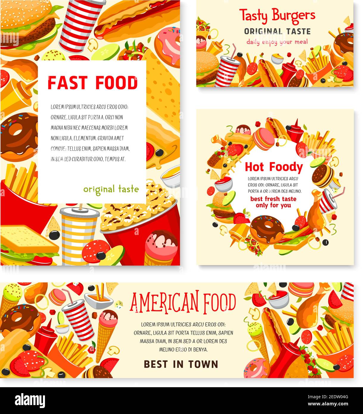 Les affiches de restauration rapide des repas, des en-cas ou des desserts et des boissons. Menu vectoriel pour hamburgers fastfood, sauces et hamburgers, sandwichs hot dog et pi Illustration de Vecteur
