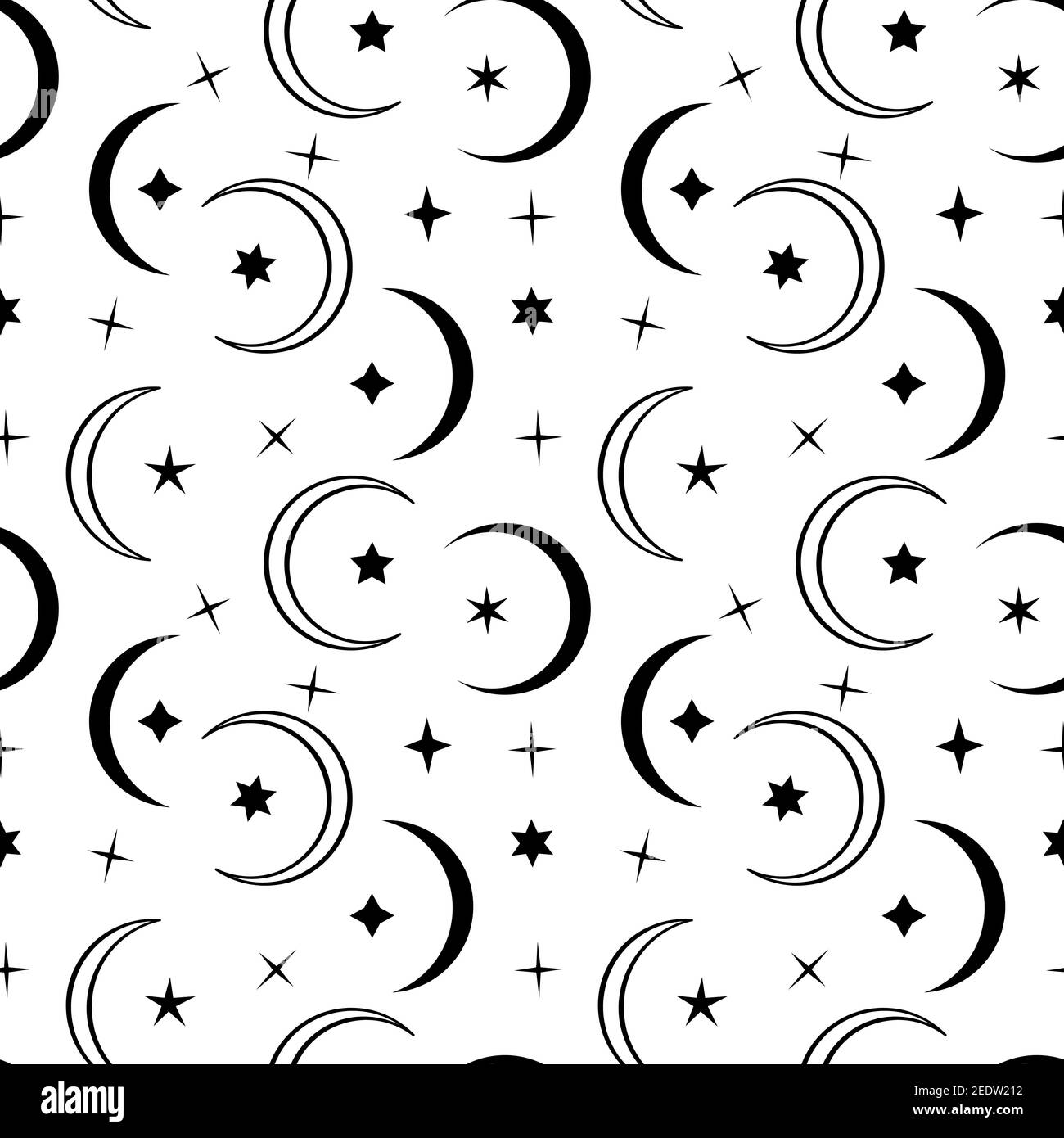 Motif monochrome sans couture avec lune noire et blanche et étoiles sur fond blanc Illustration de Vecteur