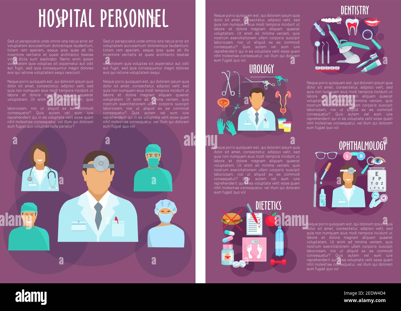 Brochure du personnel médical des services hospitaliers de dentisterie, d'urologie, d'ophtalmologie et de diététique. Dentiste, urologue, ophtalmologiste, diététicien doc Illustration de Vecteur