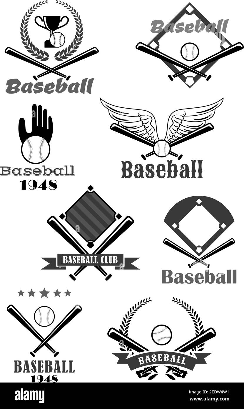 Ensemble de symboles du club sportif de baseball. Batte et balle de baseball avec gant, coupe et terrain de champion, encadrés par une couronne héraldique, une bannière en ruban et une aile Illustration de Vecteur
