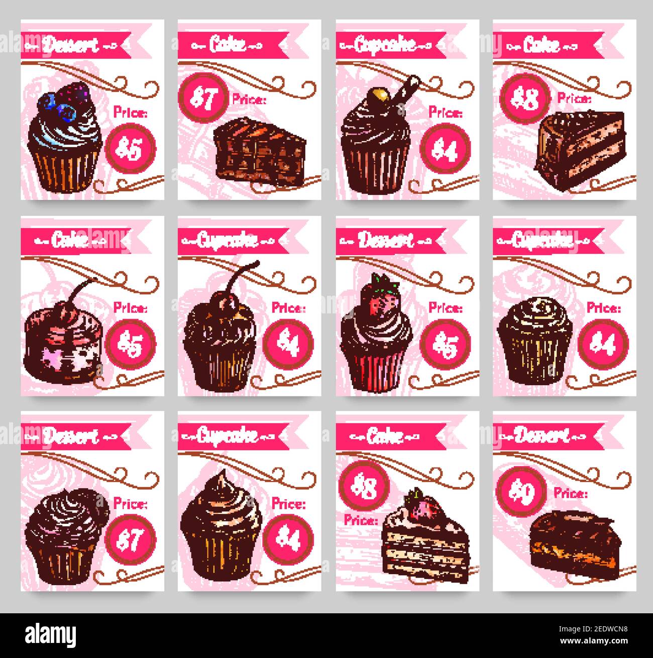 Étiquettes de prix pour les desserts de pâtisserie. Étiquettes de menu