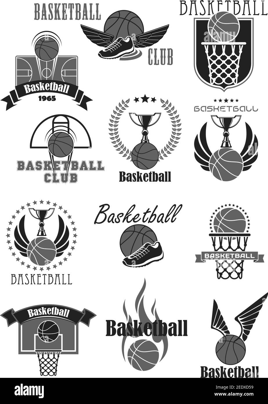 Badges de club de basket-ball et modèles de symboles de tournoi de championnat. Icônes vectorielles de ballon et panier et baskets de joueur, prix de la tasse du gagnant ou c Illustration de Vecteur