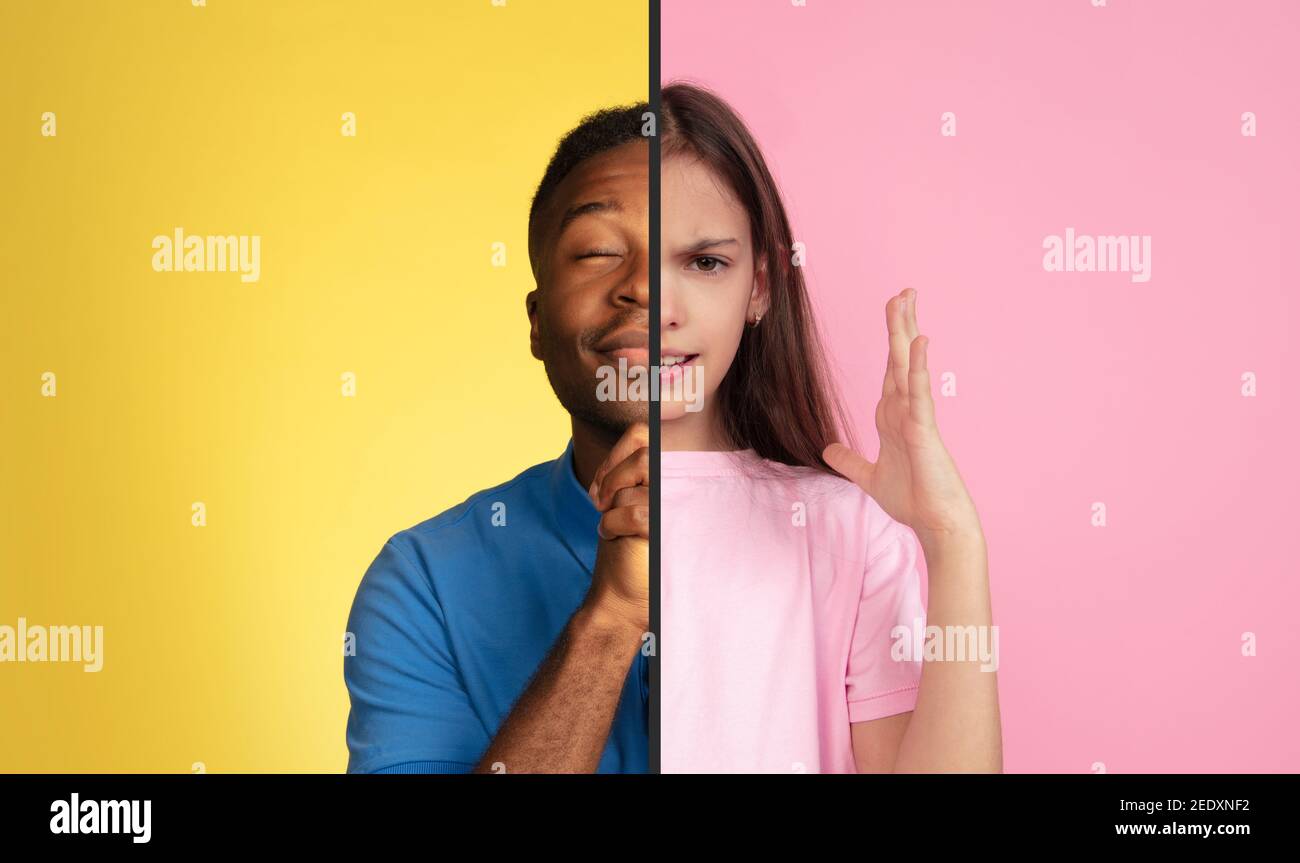 Calme homme content et fille en colère. Combinaison amusante et créative de portraits de jeunes avec des émotions différentes, différentes expressions du visage sur fond multicolore. CopySpace pour publicité. Banque D'Images