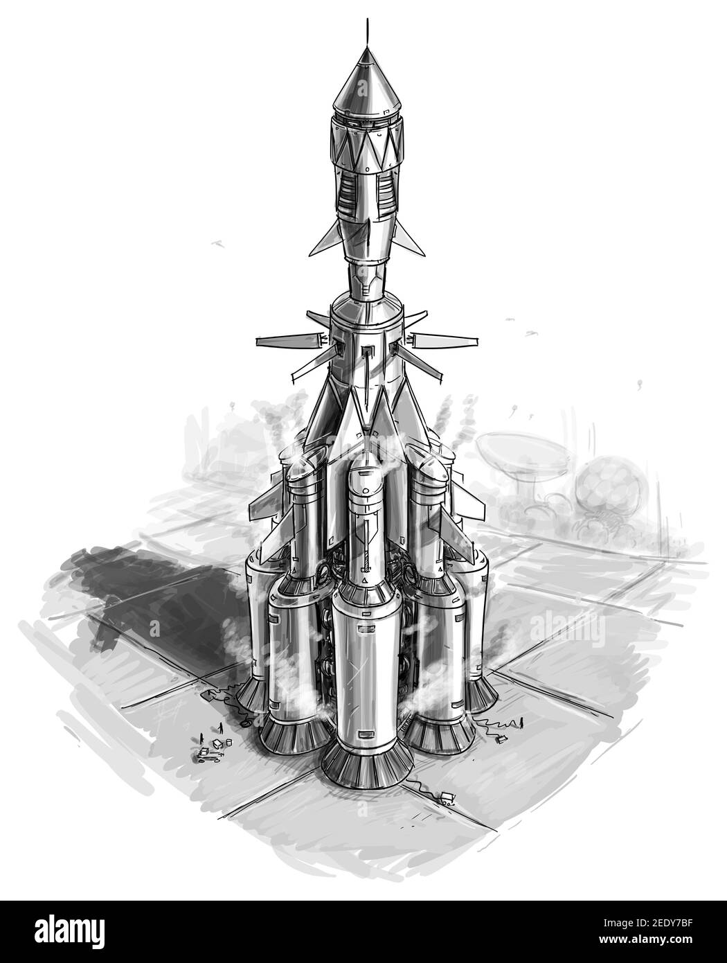 Vaisseau spatial ou vaisseau spatial SCI-fi sur le port étoile de la planète extraterrestre, dessin ou illustration d'art conceptuel. Vaisseau spatial ou embarcation prêt à être lancé. Banque D'Images