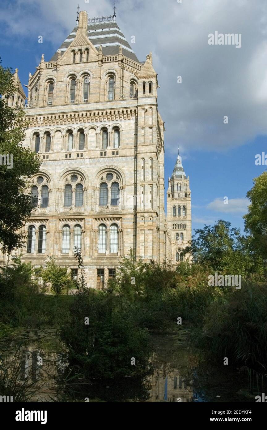 Vue sur le musée d'histoire naturelle victorien de South Kensington, Londres. Vue sur l'aile ouest du bâtiment public depuis le jardin naturel et l'étang Banque D'Images