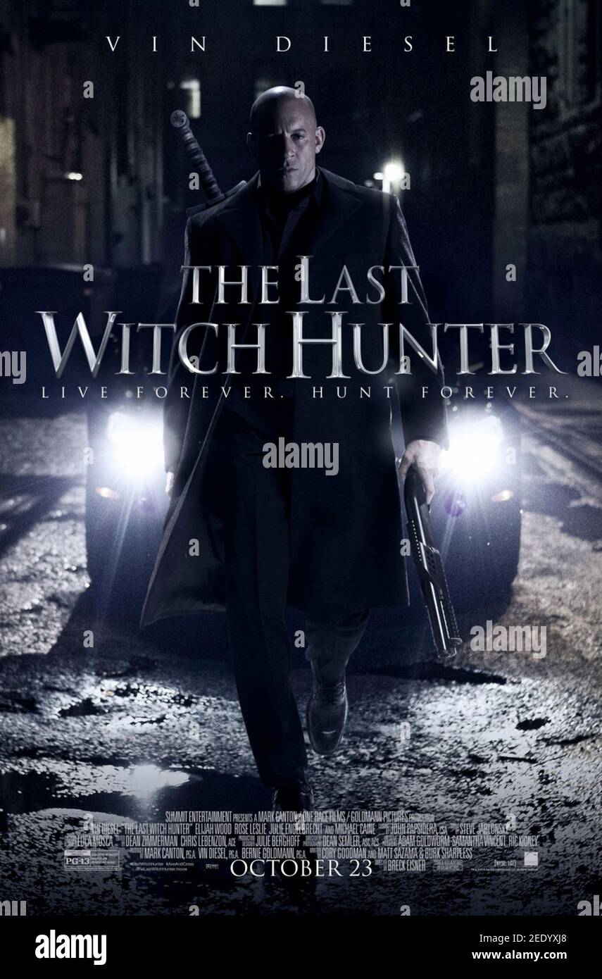 The Last Witch Hunter (2015) réalisé par Breck Eisner et mettant en vedette vin Diesel, Rose Leslie et Elijah Wood. Le dernier chasseur de sorcières est tout ce qui se trouve entre l'humanité et les forces combinées des sorcières les plus horrifiantes de l'histoire. Banque D'Images