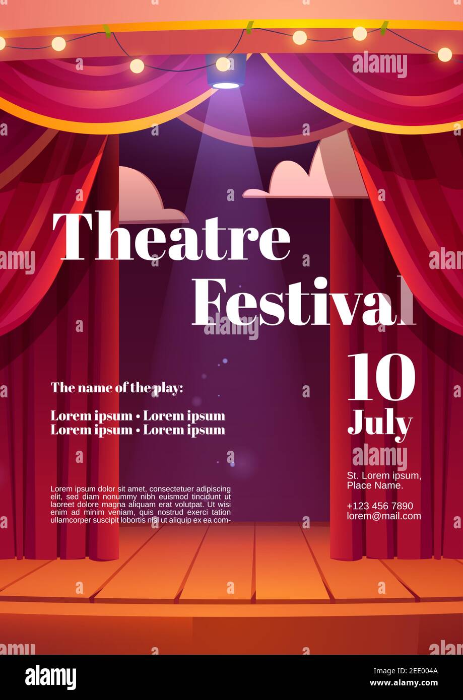 Affiche de dessin animé du festival de théâtre avec rideaux rouges dans les coulisses et scène en bois avec spots lumineux et guirlande. Prospectus d'invitation pour un spectacle de théâtre ou de cinéma, un concert de divertissement illustration vectorielle Illustration de Vecteur
