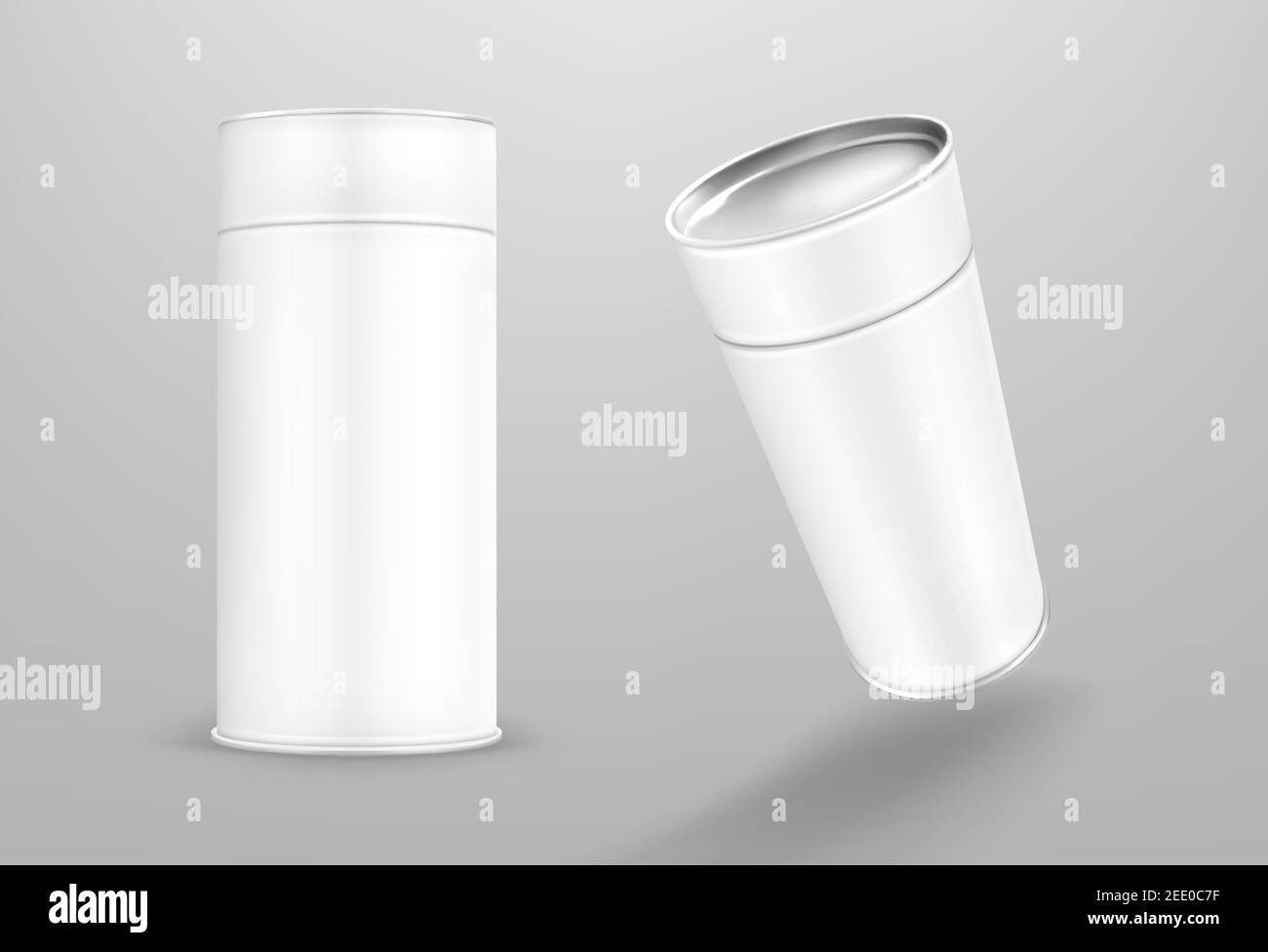 Tube en papier blanc, boîte cylindrique en carton isolée sur fond gris.  Maquette vectorielle réaliste de carton contenant rond, tubus d'emballage  vierge pour les aliments avec bouchon fermé à l'avant et vue