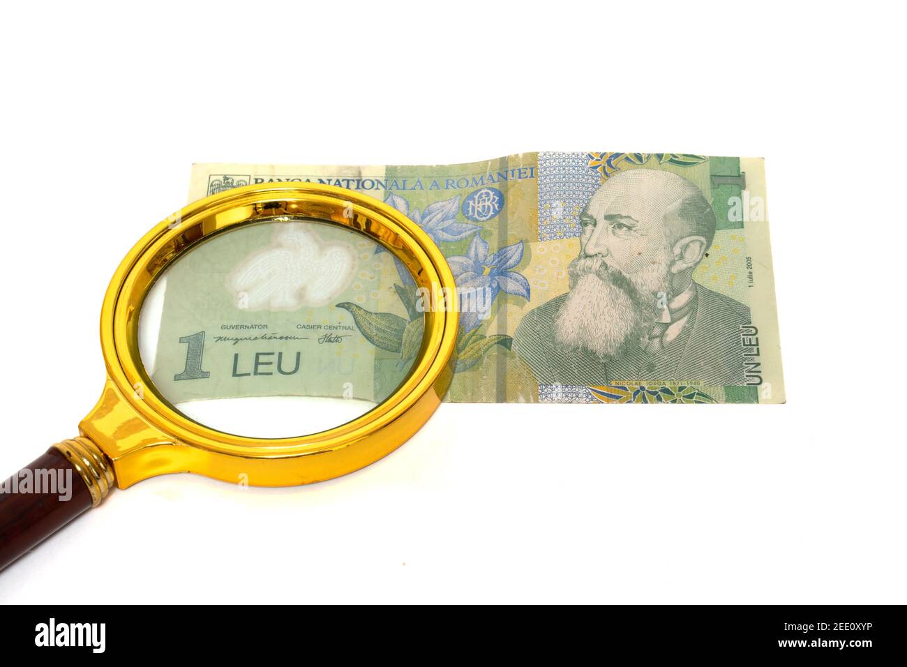 1 leu sous une loupe isolée sur fond blanc face avant Banque D'Images
