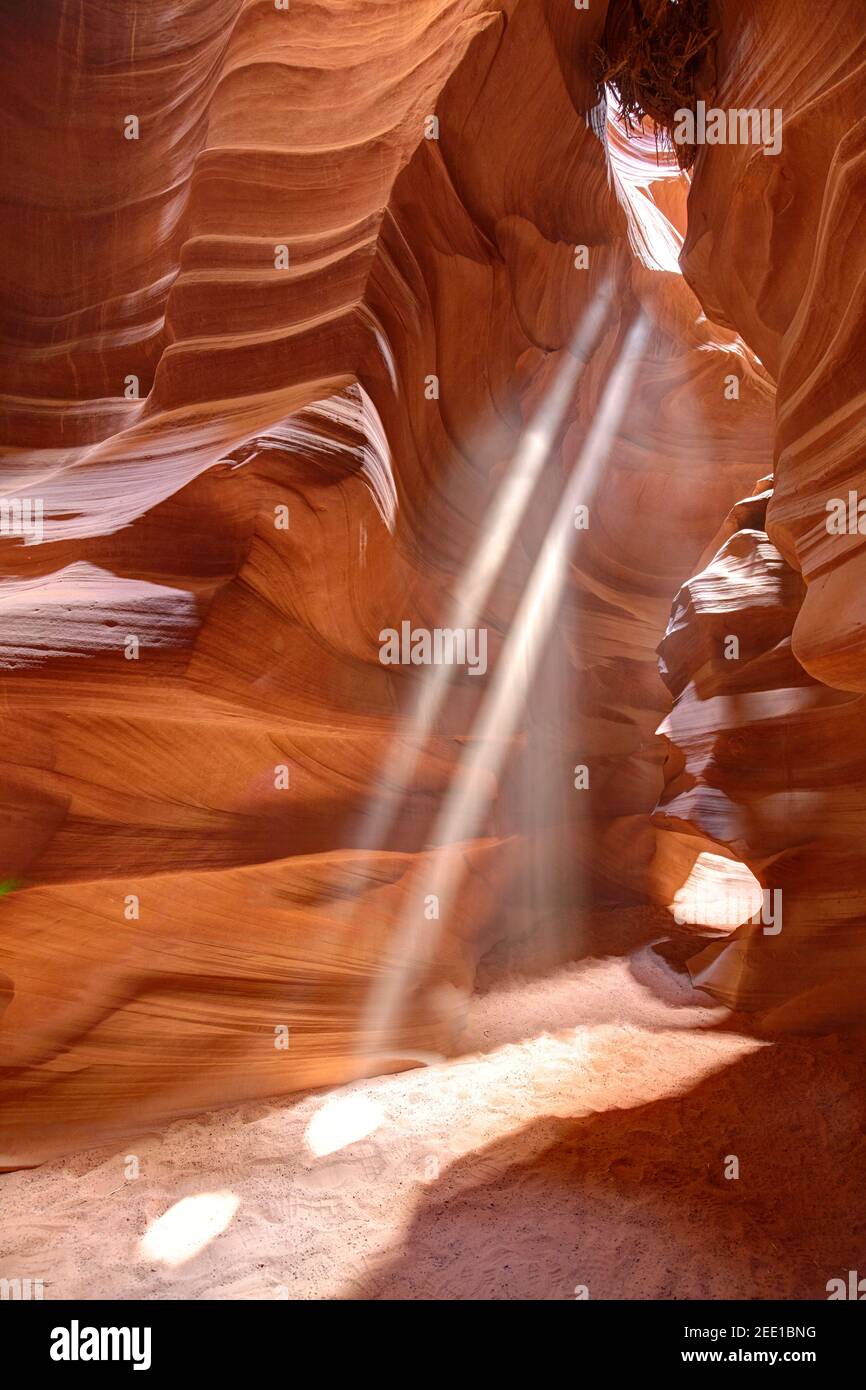 Un faisceau de lumière dans la région de Antelope Canyon, Arizona, United States Banque D'Images