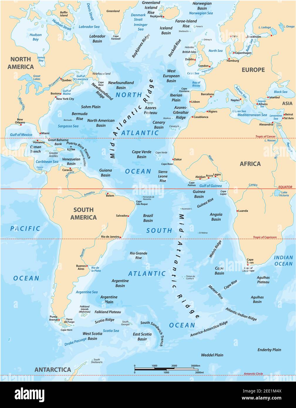 Carte vectorielle détaillée de l'océan Atlantique Illustration de Vecteur