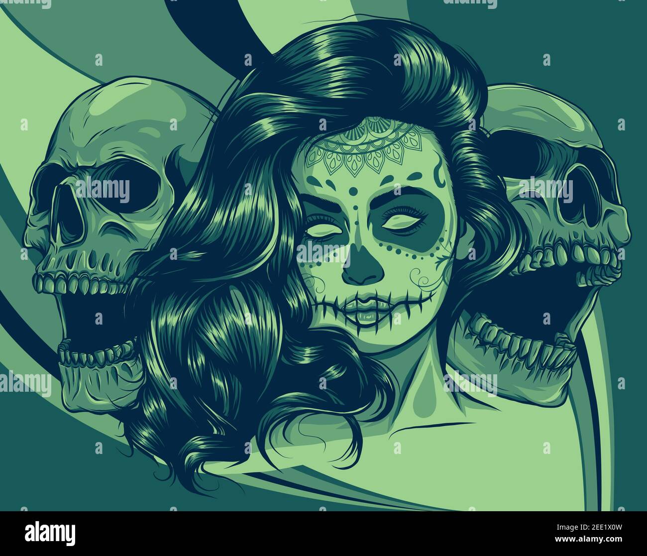 Fille morte avec deux crânes de sucre. Vecteur Illustration de Vecteur