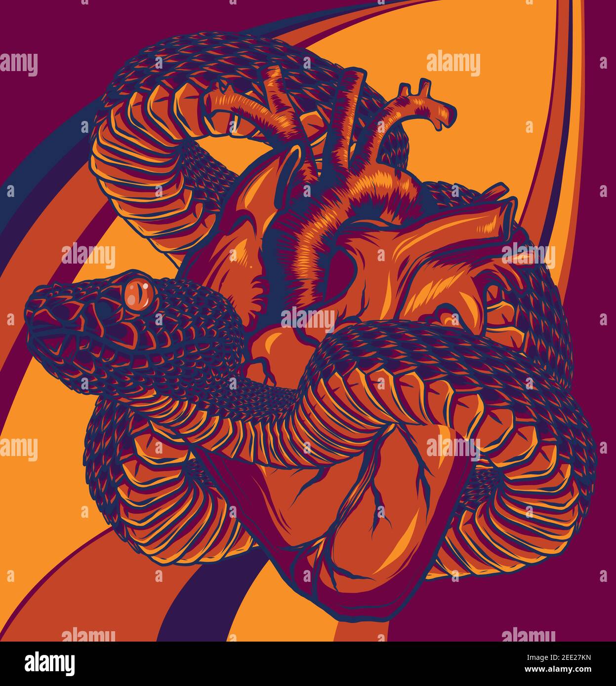Serpent tatouage coloré autour de l'illustration vectorielle de coeur Illustration de Vecteur