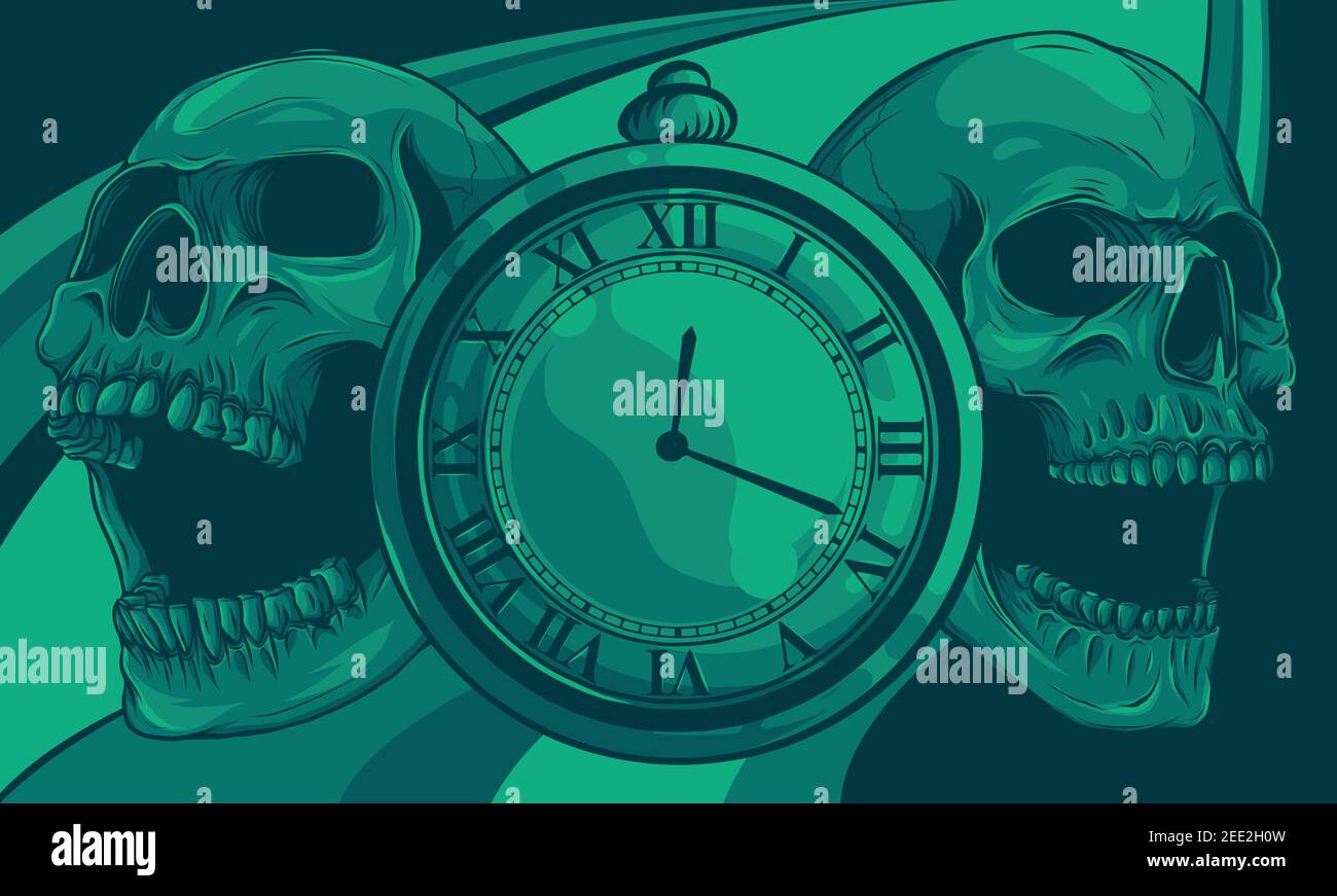 montre de poche à crâne humain. illustration de la ligne d'art. Illustration de Vecteur