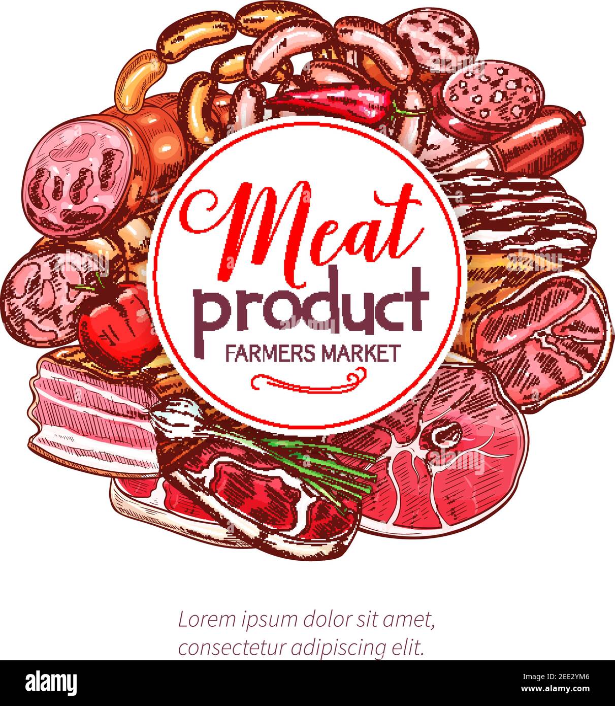 Produits de viande affiche vectorielle pour le boucher ou le marché agricole. Gastronomie gastronomique jambon bacon, lard de porc, frankfurter et wiener ou Illustration de Vecteur