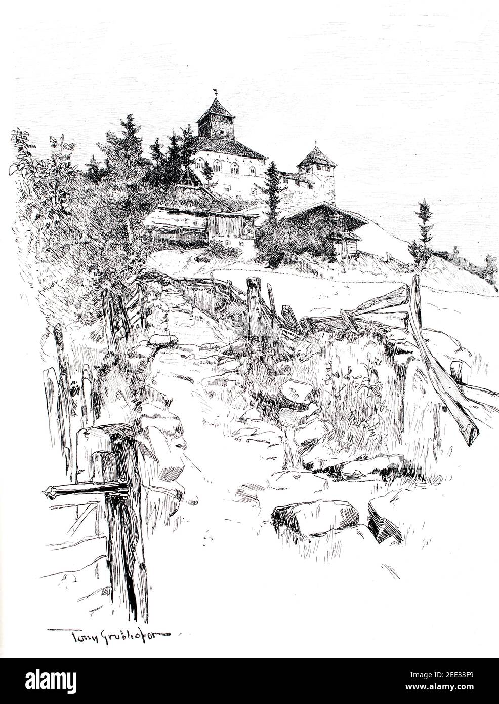 1897, Reinegg Village and Castle, Sarntal, Tyrol du Sud Paysage, dessin au crayon et à la ligne par Tony Grubhofer, artiste né à Innsbruck, en 1899 The Studio Banque D'Images