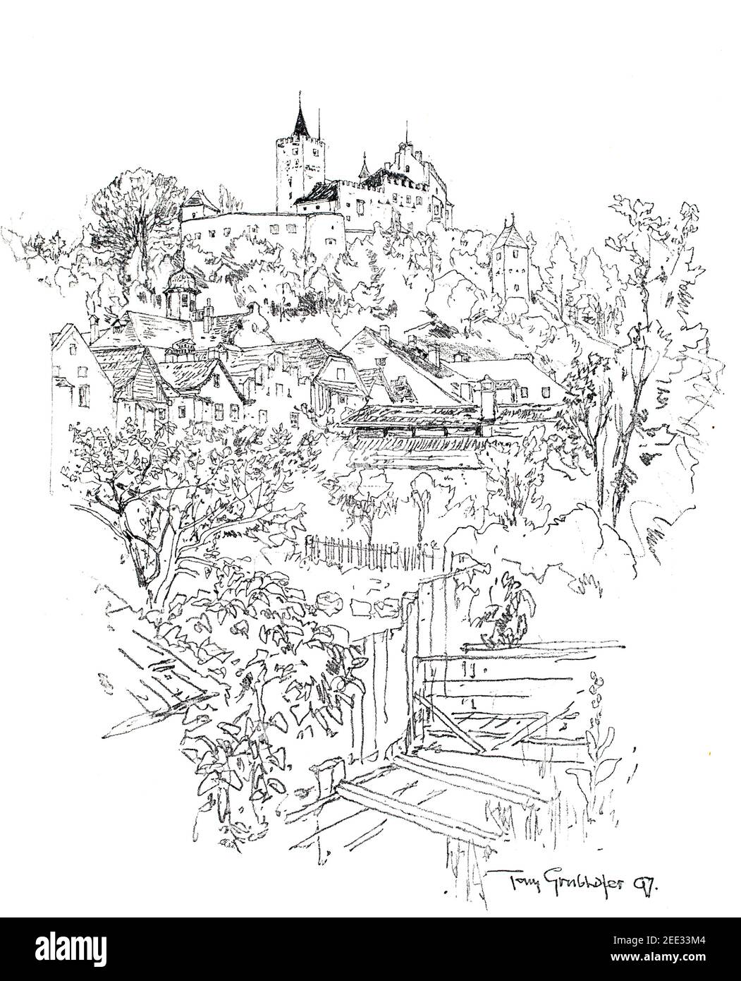 1897, Paysage tyrolien, dessin au crayon de la ville avec le château perché, par Tony Grubhofer, artiste né à Innsbruck, en 1899 le Studio an Illustrated Maga Banque D'Images