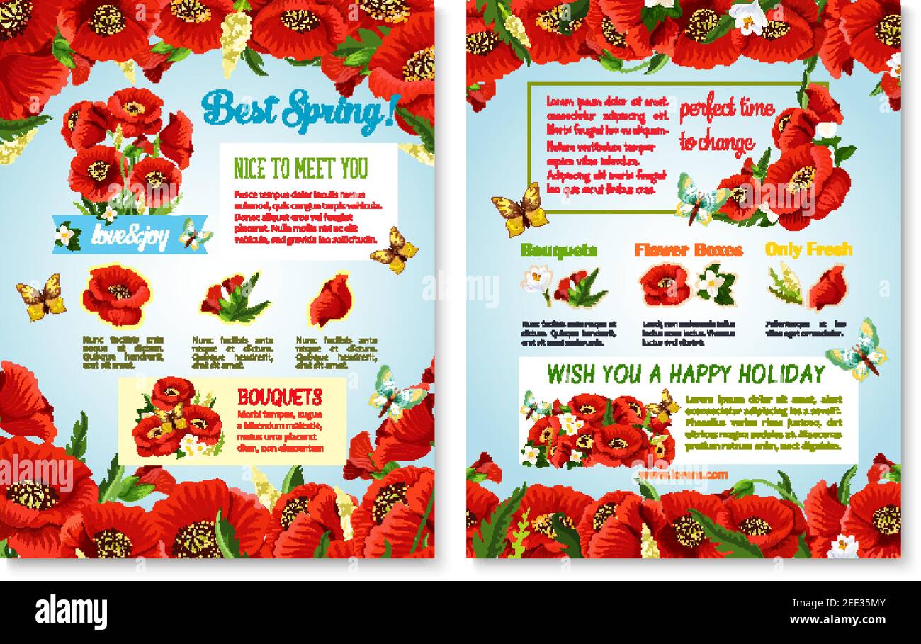 Affiches de fleurs de printemps avec motif de printemps fleuri et message d'accueil de vacances de vecteur. Fleuris de coquelicots rouges, marguerites ou orchi Illustration de Vecteur