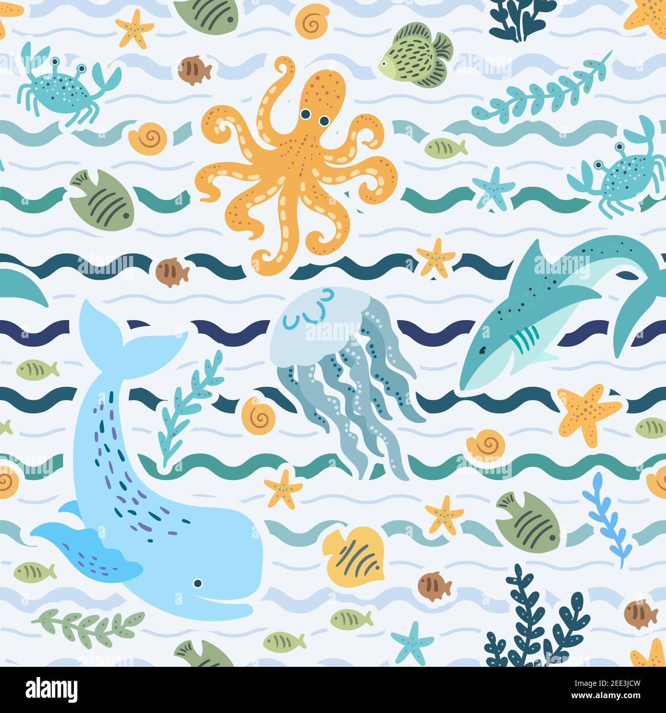 Motif sans couture avec adorable dessin animé des animaux marins. Été, décoration marine. Vecteur Illustration de Vecteur