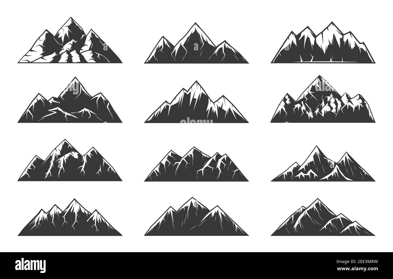 Chaîne de montagne sommets enneigés, collines rocheuses finissent volcans. Hautes montagnes avec des sommets pointus, gorges et pentes abruptes, terrain nord nature paysage elem Illustration de Vecteur