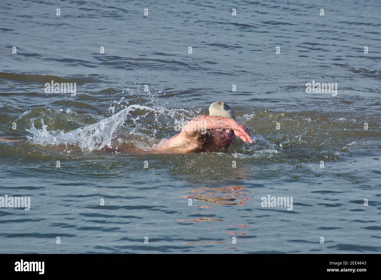 Homme nageant dans l'eau froide, temps d'hiver. Banque D'Images