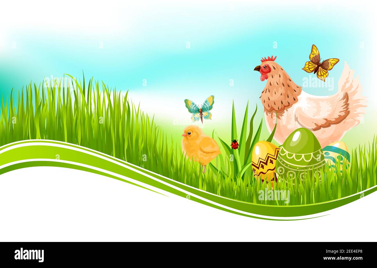Modèle de Pâques d'oeufs Pascal et de poule dans la prairie d'herbe de printemps et de papillons dans le ciel bleu. Carte de vœux de Pâques Vector pour la recherche Illustration de Vecteur Modèle de Pâques d'oeufs Pascal et de poule dans la prairie d'herbe de printemps et de papillons dans le ciel bleu. Carte de vœux de Pâques Vector pour la recherche Illustration de Vecteur