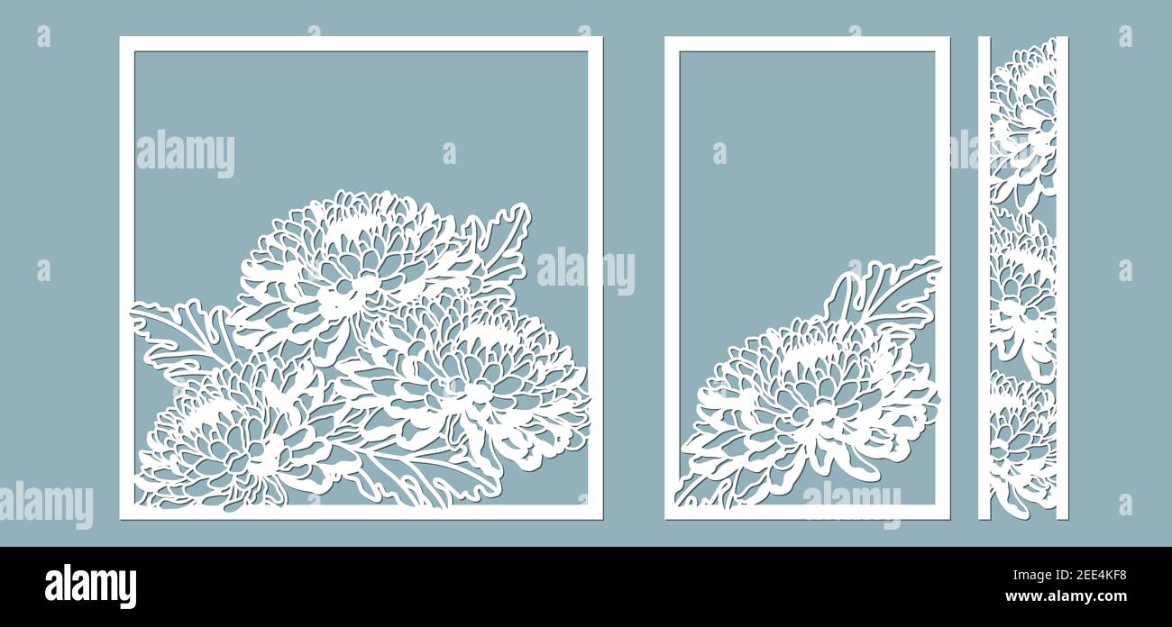 Chrysanthèmes. Set de gabarit pour la découpe au laser et le traceur. Fleurs, feuilles pour la décoration. Illustration vectorielle. Ensemble d'autocollants fleurs. Traceur et Illustration de Vecteur