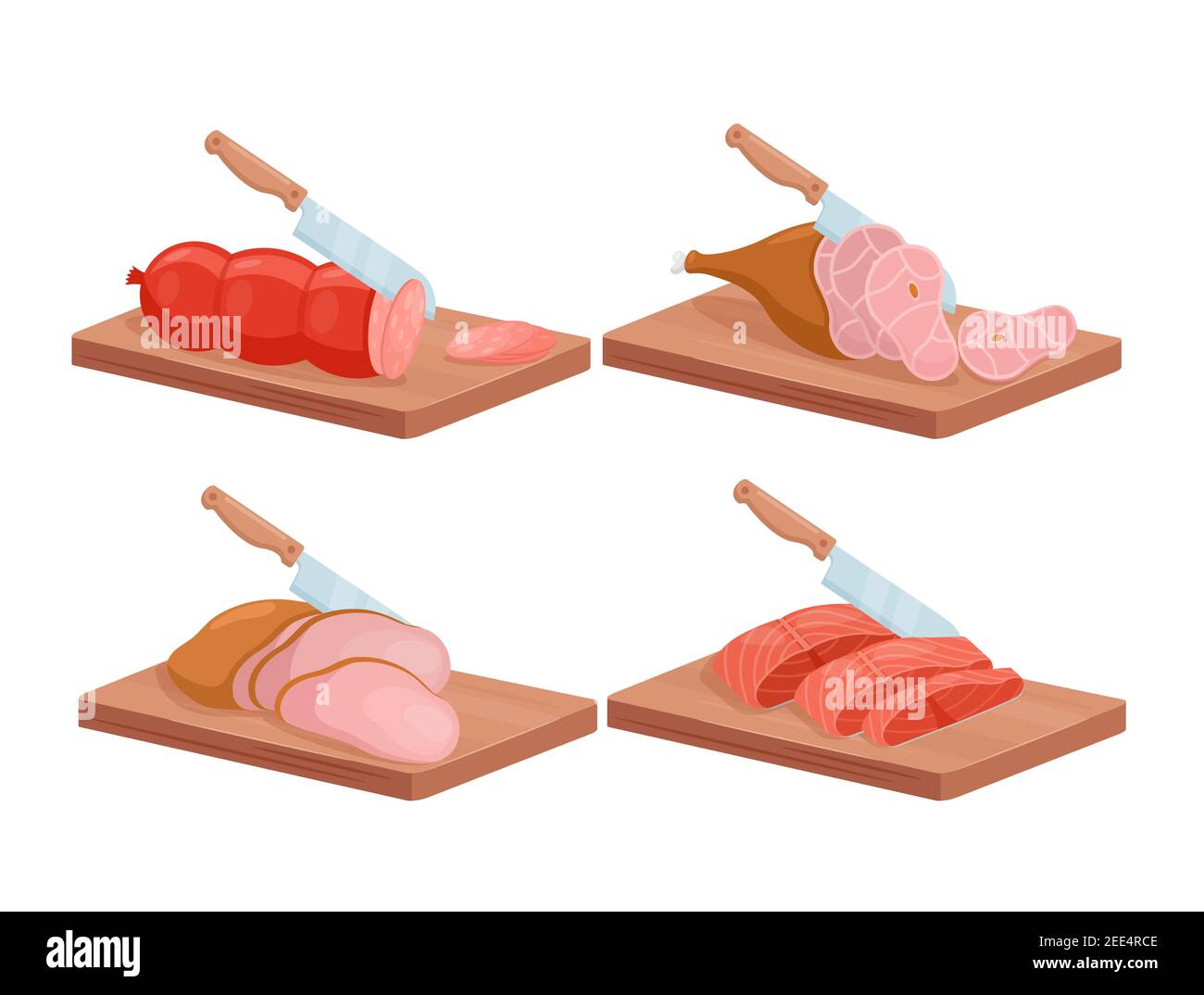 Set isométrique de viande et de poisson coupé, couteau de chef coupant bacon jambon saucisse viande et saumon Illustration de Vecteur