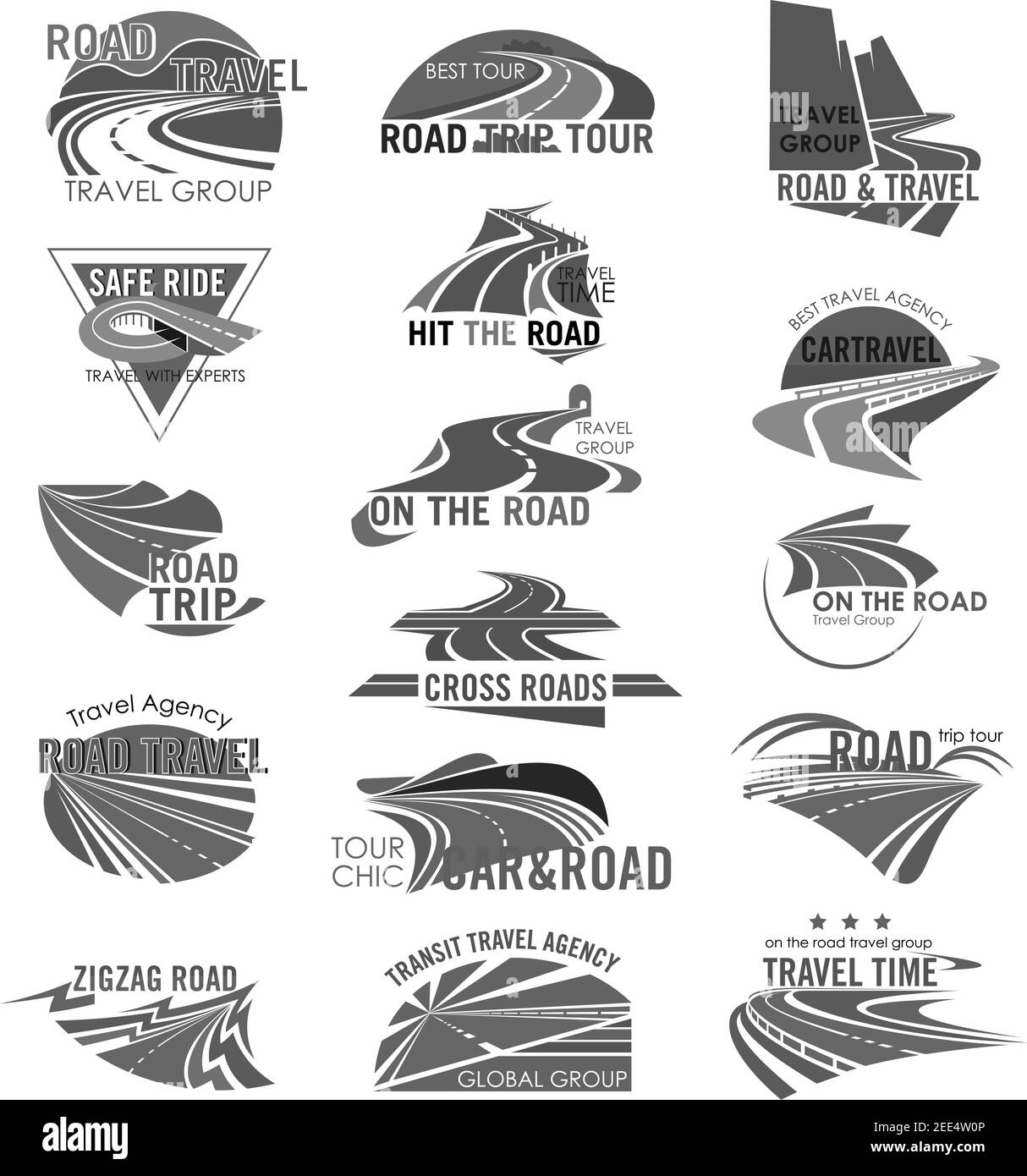 Icônes de modèle d'agence de voyages ou d'agence de tourisme. Les moyens de voyage sur route pour la visite en voiture et le trajet en bus avec conception des autoroutes ou autoroutes itinéraires d'aventure, br Illustration de Vecteur