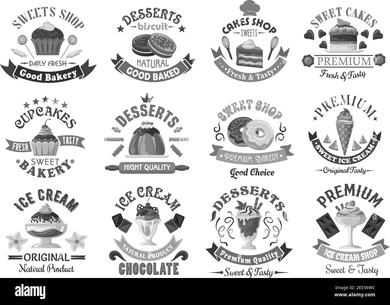 Desserts de boulangerie et icônes de gâteaux pour le modèle de menu de pâtisserie ou de pâtisserie. Biscuits au chocolat, crème glacée et muffins, pudding et tourtes ou tourtes, c Illustration de Vecteur