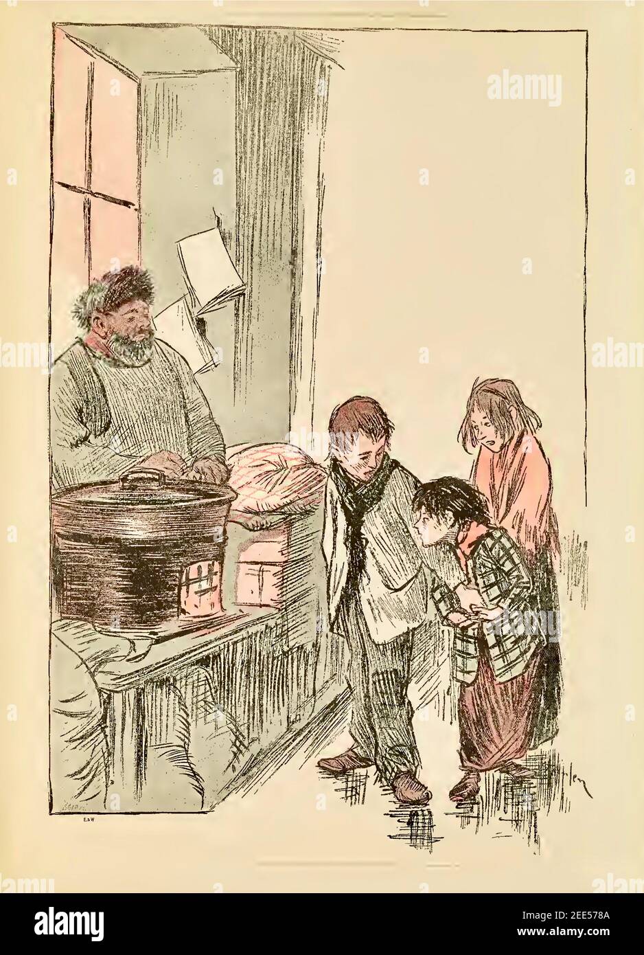 Trois enfants réchauffent leurs mains sur les châtaignes chaudes résistant L'envie de manger dans cette œuvre d'art vintage de Theophile Steinlen Banque D'Images
