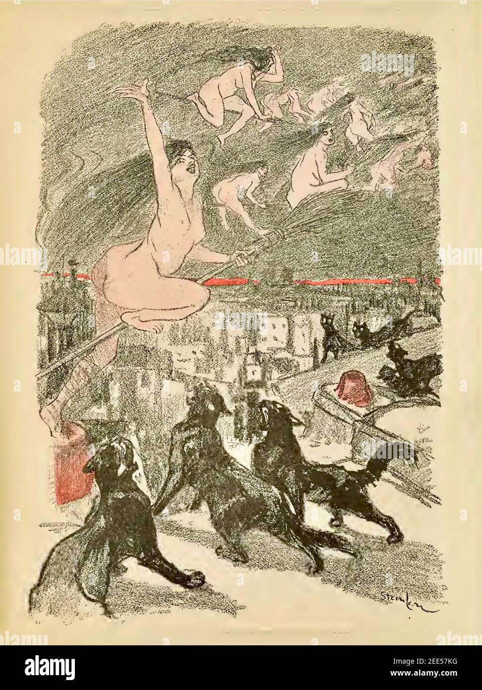 La métamorphose de Theophile Steinlen montre des chats hurlants transformés en sorcières qui sont loin sur leurs bâtonnets de poulet Banque D'Images