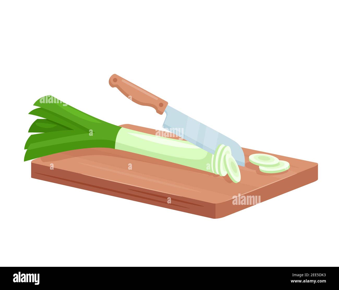 Poireaux coupés pour la cuisson, poireaux verts frais isométriques les tranches hachées se trouvent sur un panneau de bois Illustration de Vecteur