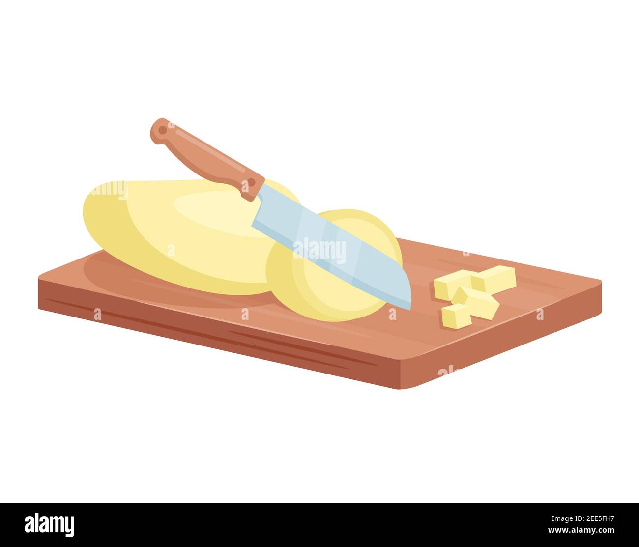 Coupe de pommes de terre processus de cuisine, traitement au couteau isométrique légumes de pommes de terre pelées crus Illustration de Vecteur