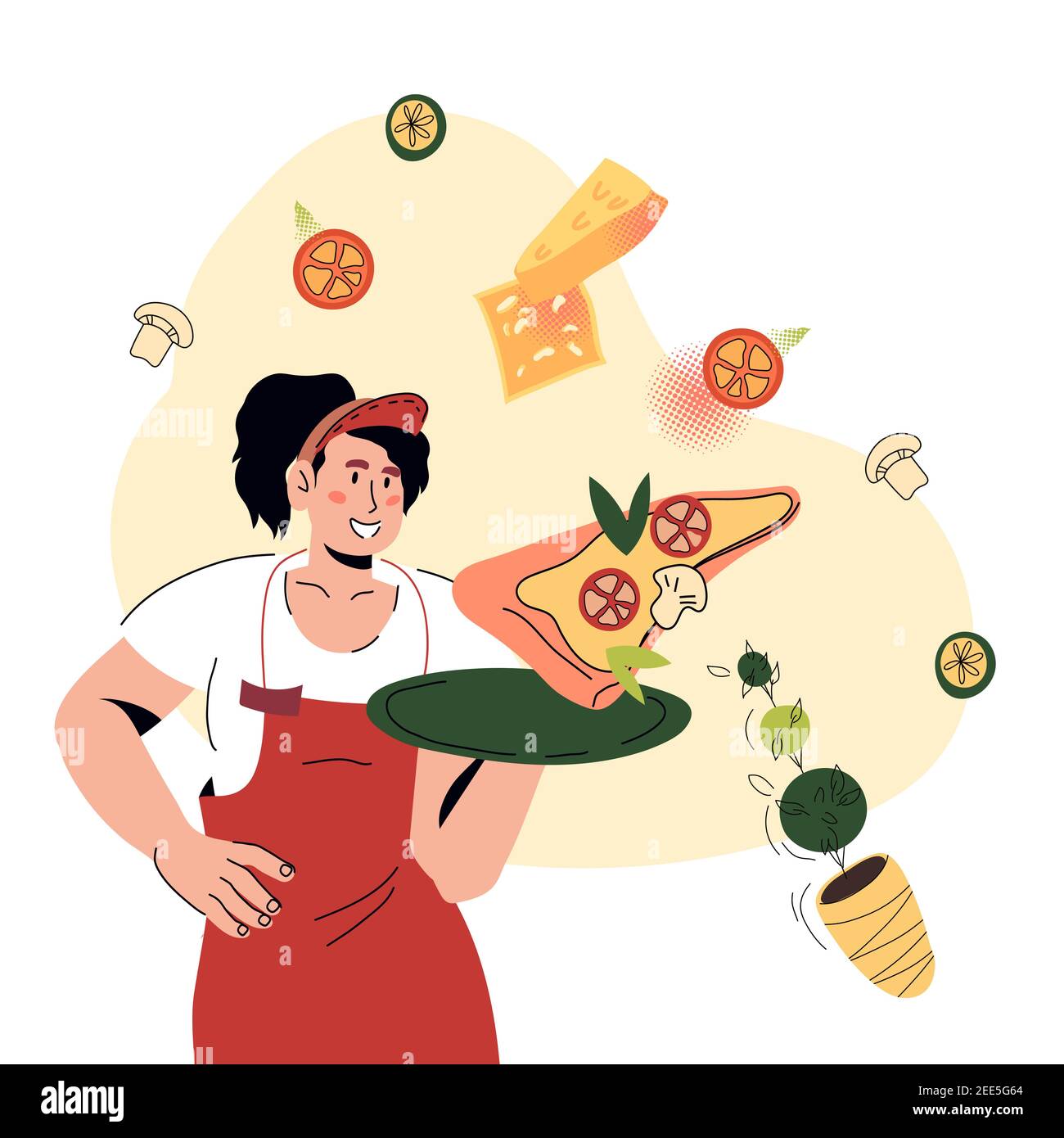 Serveuse tenant un plateau avec un morceau de pizza, illustration vectorielle de dessin animé isolée. Illustration de Vecteur