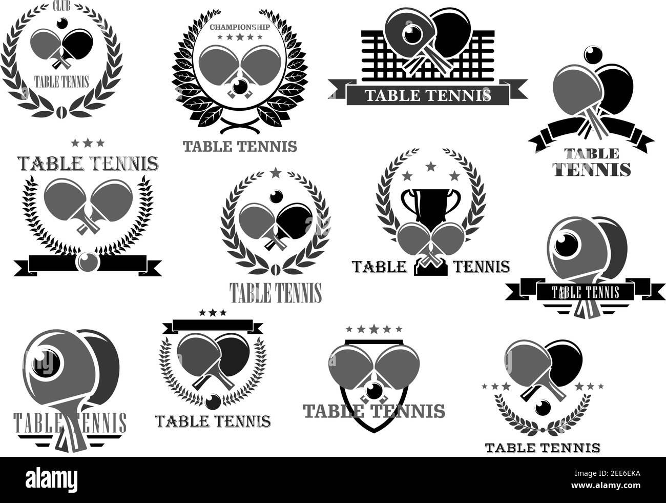 Badges de tennis de table pour club de sport ou championnat. Symboles de la balle  de ping-pong et de la raquette sur le filet, ruban de couronne de lauriers  de victoire et