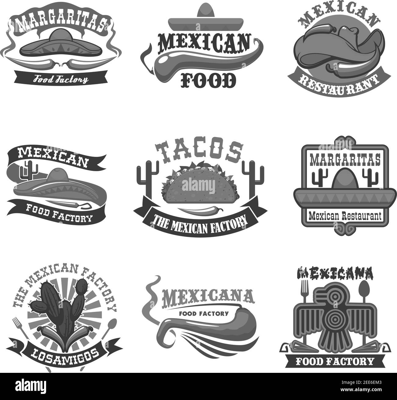 Restaurants mexicains et cafés-bars. Mexique cuisine tacos tortilla et cactus agave, piment fort jalapeno, chapeau mexicain sombrero et aztèque Illustration de Vecteur