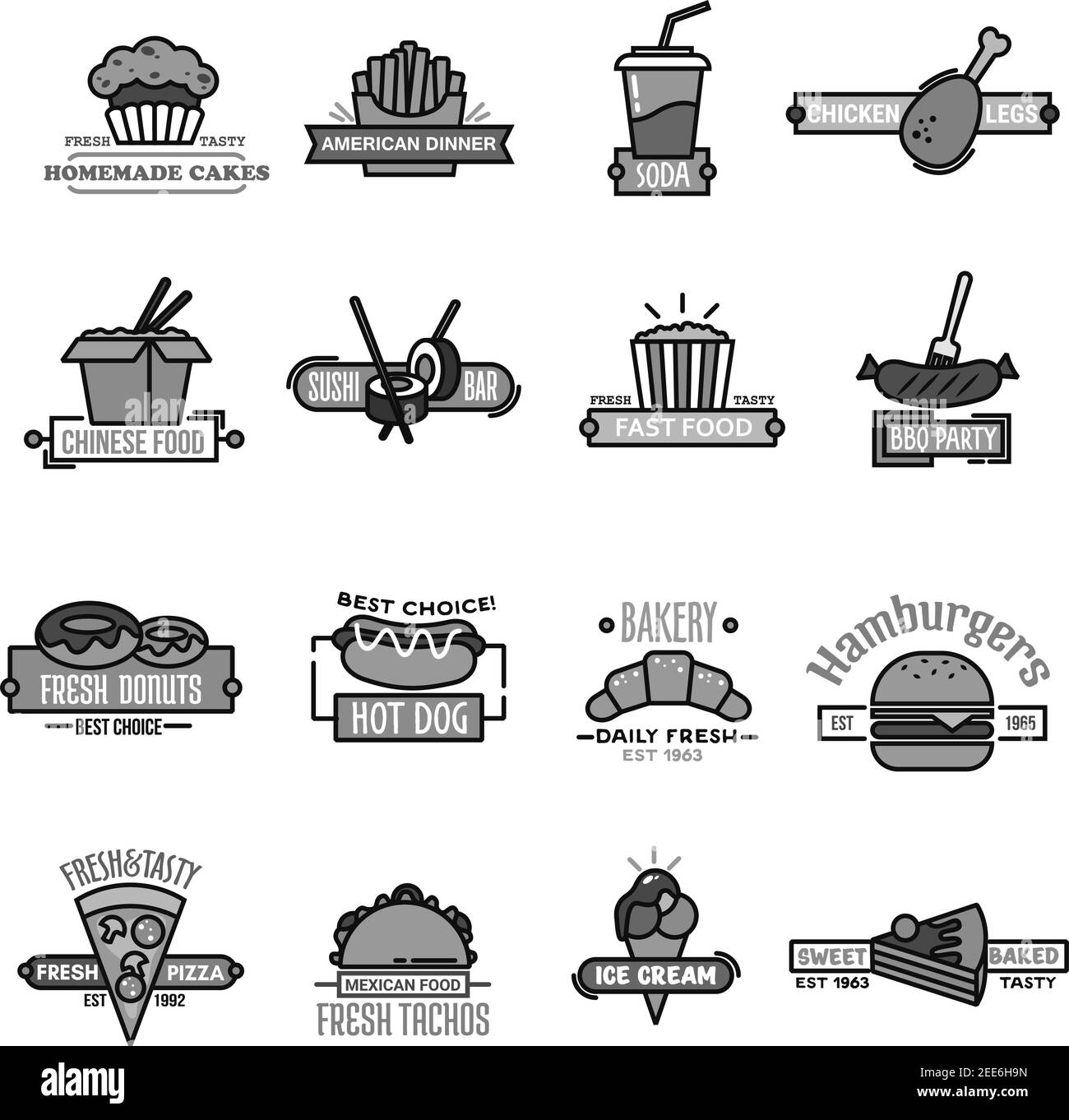 Hamburgers, sushis ou fruits de mer chinois et gâteaux de boulangerie. Icônes du restaurant Vector pour le menu de hamburgers, hot dog et pizzas. Petits pains à sushi fastfood, Illustration de Vecteur